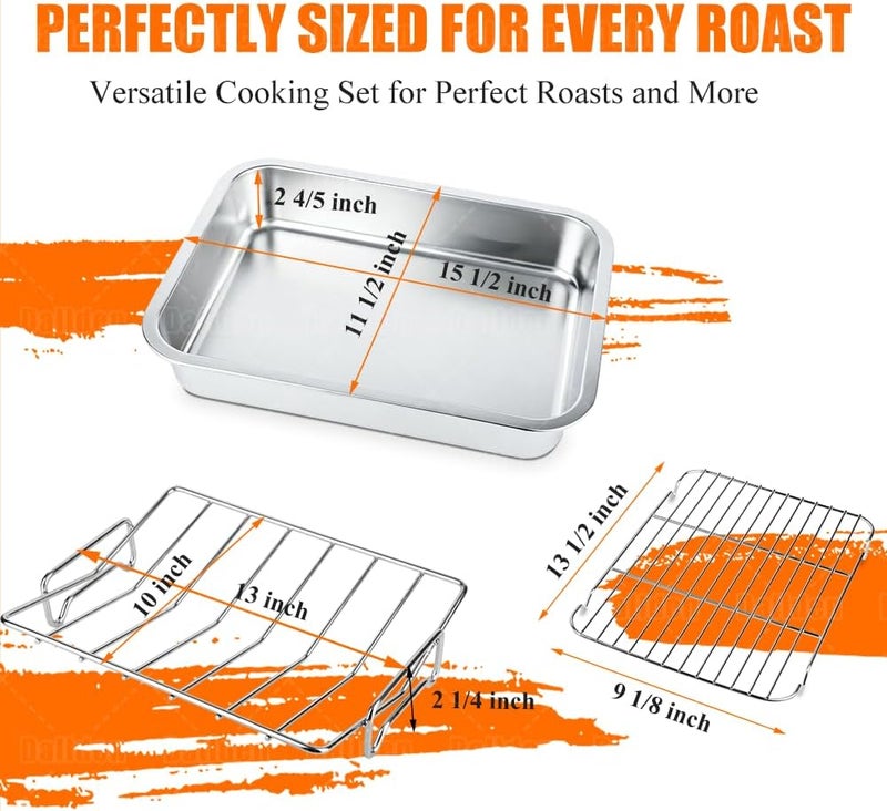 Dallden 15.5 Inch Turkey Roasting Pan with Rack, Thanksgiving Turkey Roaster Rack for Oven Smoker and Grill,Deep Turkey Tray with Baking Rack & Cooling Rack Stainless Steel, Dishwasher Safe - Image 2